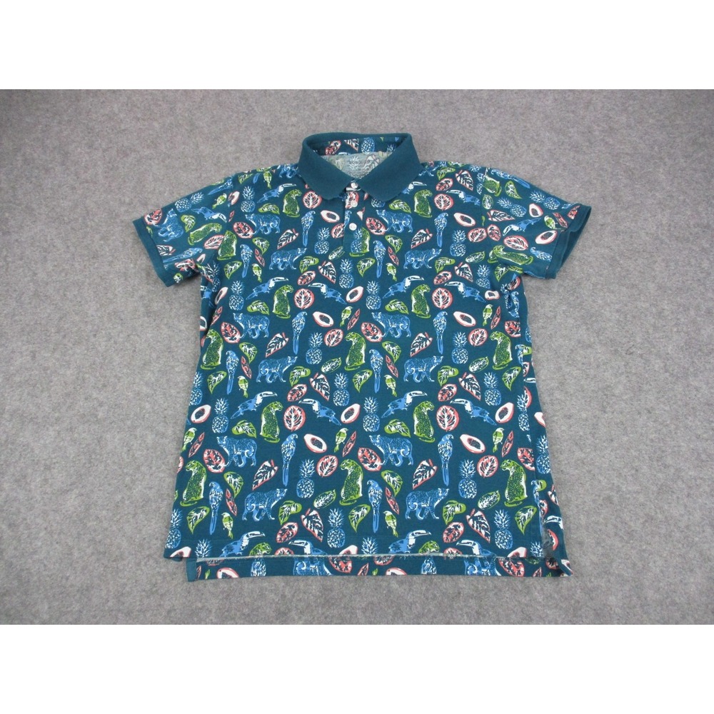 Bonobos Polo Shirt Mens Medium Slim Fit Blue Tropical Animal Bird Print Pique